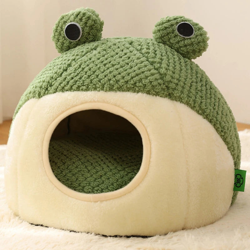 New Pet Nest Winter Warm Dog Den Cat Villa Plush Pets Mattress Small Frog Shape Semi Enclosed Kitten Puppy House Pet Supplies